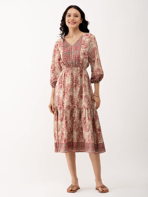 Ethnic Motifs Printed Tiered Gather Detailed Fit  Flare Dress