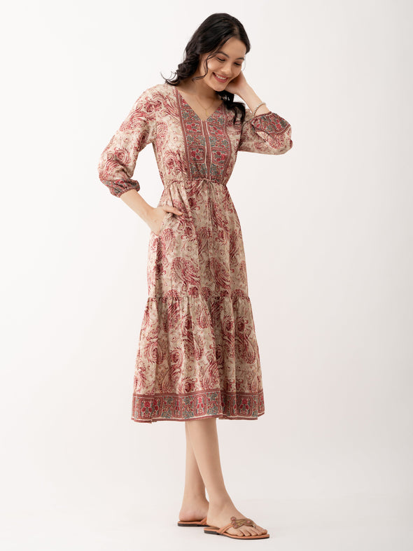 Ethnic Motifs Printed Tiered Gather Detailed Fit  Flare Dress