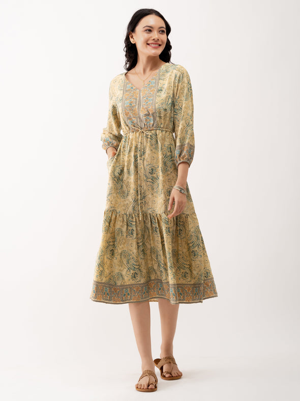 Ethnic Motifs Printed Tiered Gather Detailed Fit  Flare Dress