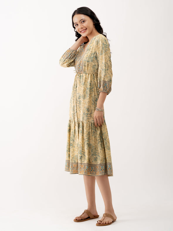 Ethnic Motifs Printed Tiered Gather Detailed Fit  Flare Dress