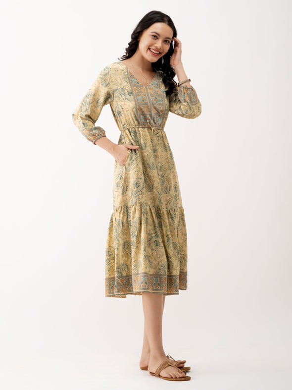 Ethnic Motifs Printed Tiered Gather Detailed Fit  Flare Dress