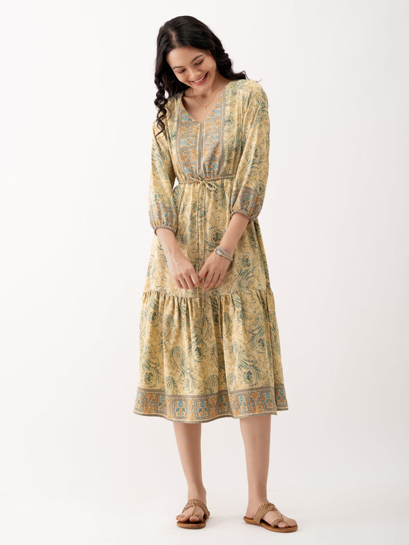 Ethnic Motifs Printed Tiered Gather Detailed Fit  Flare Dress