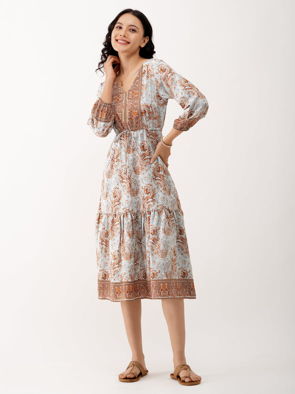 Ethnic Motifs Printed Tiered Gather Detailed Fit  Flare Dress