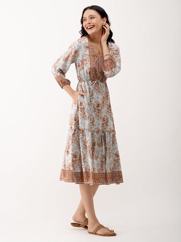 Ethnic Motifs Printed Tiered Gather Detailed Fit  Flare Dress