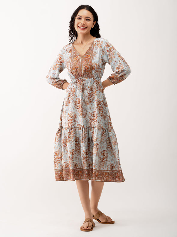 Ethnic Motifs Printed Tiered Gather Detailed Fit  Flare Dress