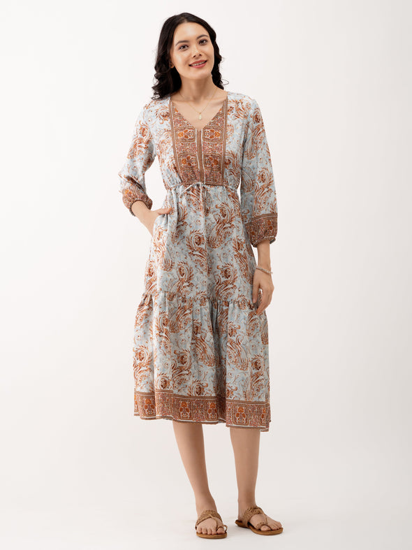 Ethnic Motifs Printed Tiered Gather Detailed Fit  Flare Dress