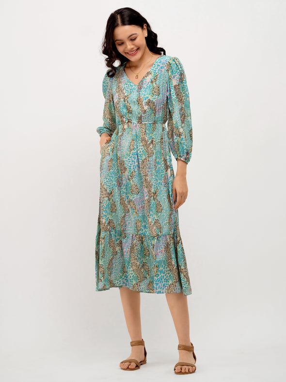 Animal Printed Puff Sleeve Fit  Flare Dress