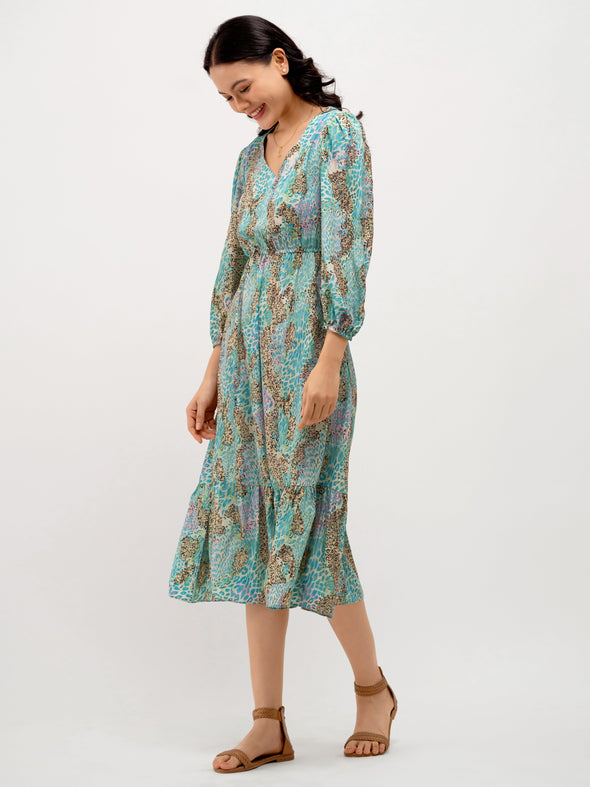 Animal Printed Puff Sleeve Fit  Flare Dress