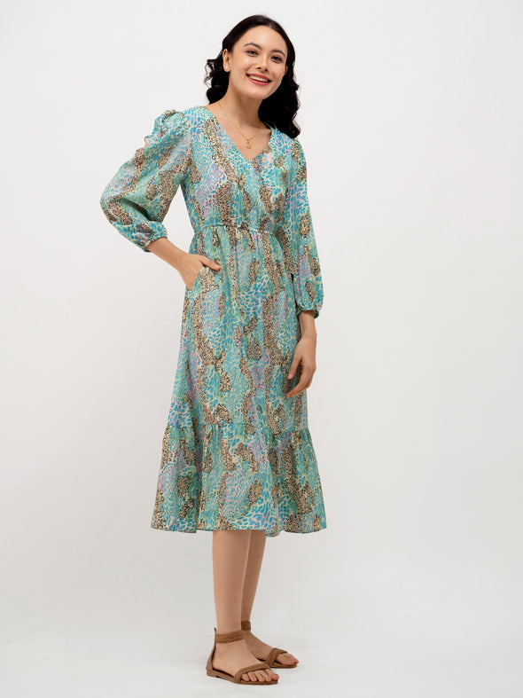 Animal Printed Puff Sleeve Fit  Flare Dress