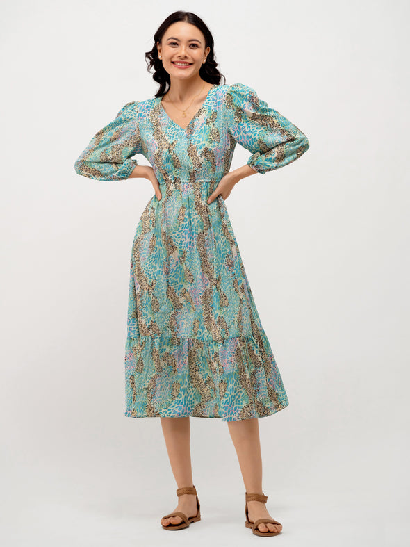 Animal Printed Puff Sleeve Fit  Flare Dress