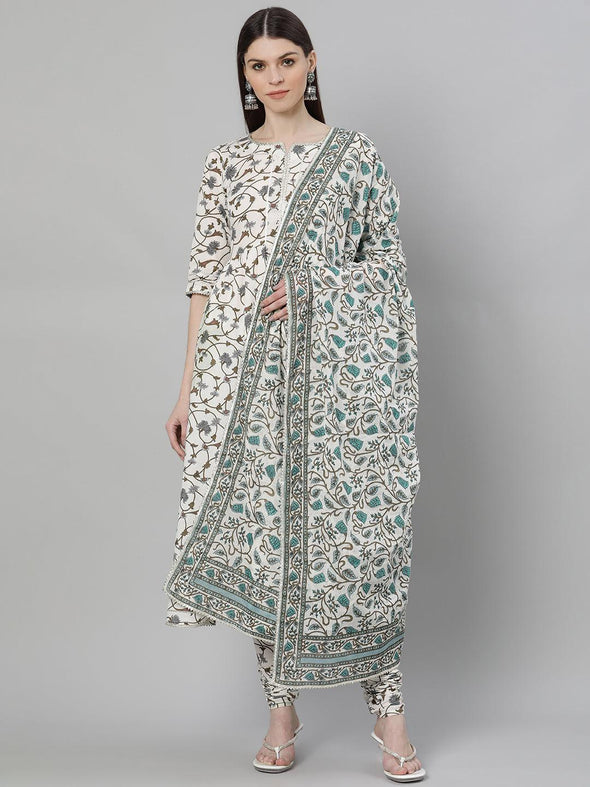 White Printed Cotton Anarkali Kurta With Dupatta