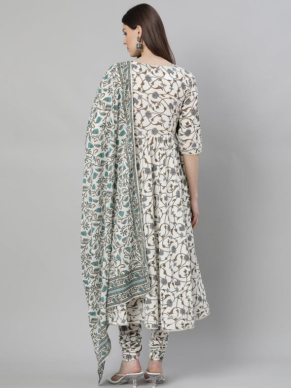 White Printed Cotton Anarkali Kurta With Dupatta