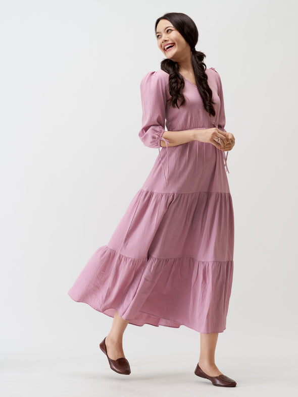 Puff Sleeves Tie-Up Detail Tiered Maxi A-Line Dress