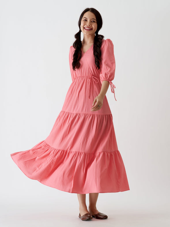 Puff Sleeves Tie-Up Detail Tiered Maxi A-Line Dress