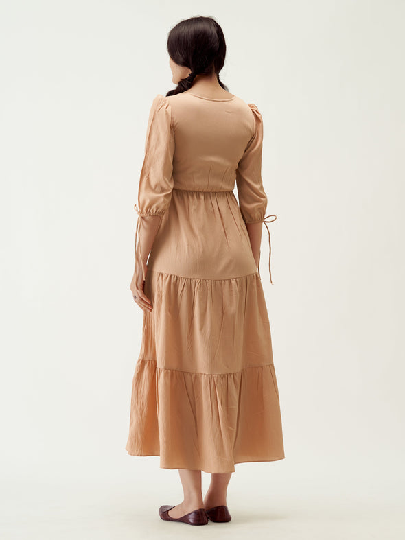 Puff Sleeves Tie-Up Detail Tiered Maxi A-Line Dress