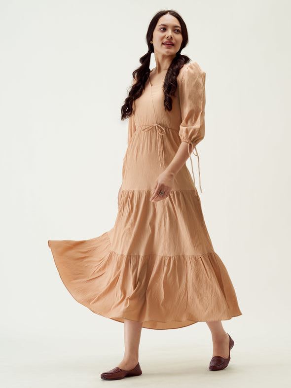 Puff Sleeves Tie-Up Detail Tiered Maxi A-Line Dress