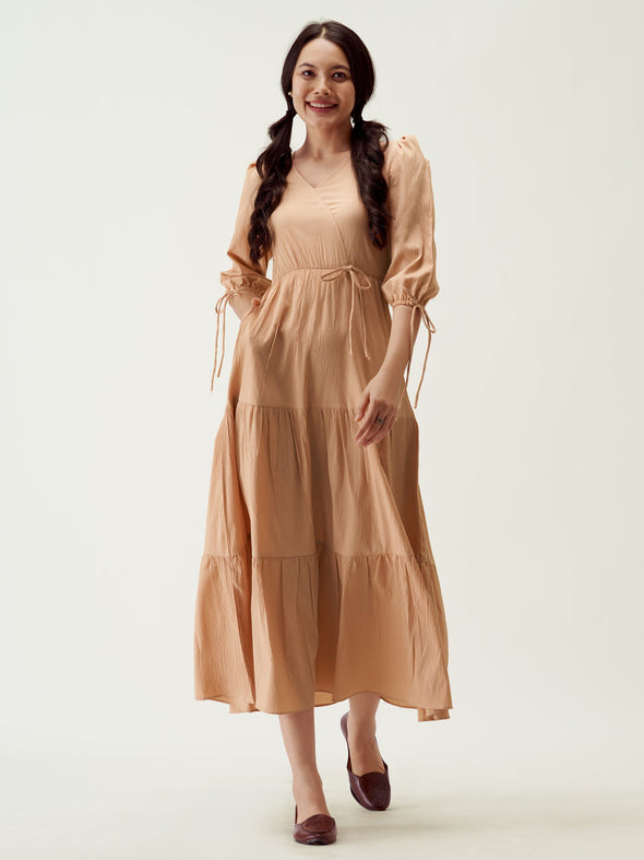 Puff Sleeves Tie-Up Detail Tiered Maxi A-Line Dress