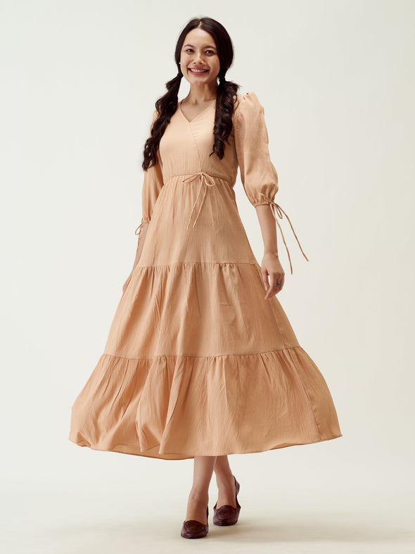 Puff Sleeves Tie-Up Detail Tiered Maxi A-Line Dress