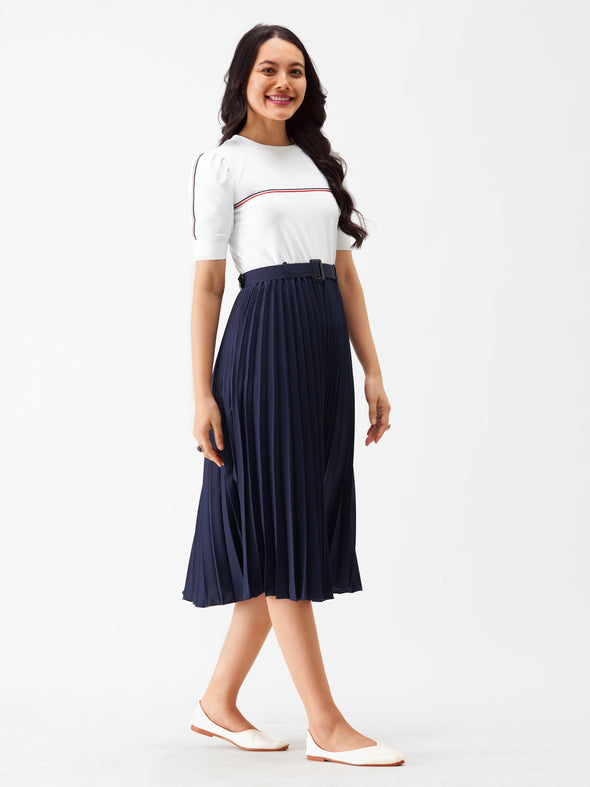 Blocked Crepe Fit  Flare Midi Dress