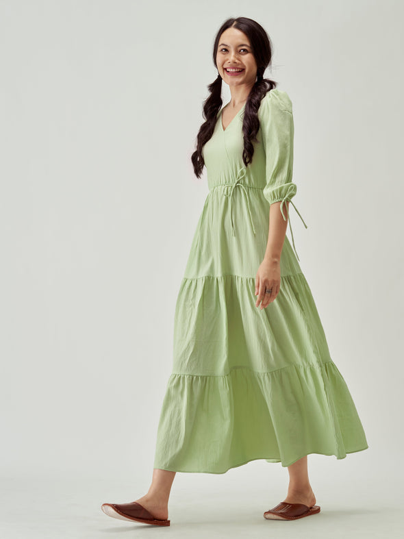 Puff Sleeves Tie-Up Detail Tiered Maxi A-Line Dress