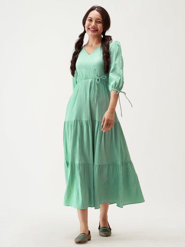 Puff Sleeves Tie-Up Detail Tiered Maxi A-Line Dress