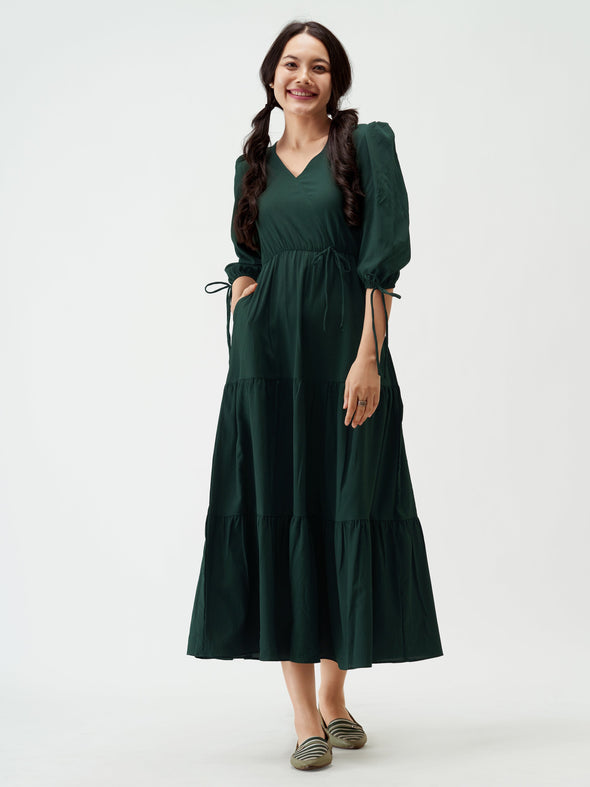 Puff Sleeves Tie-Up Detail Tiered Maxi A-Line Dress