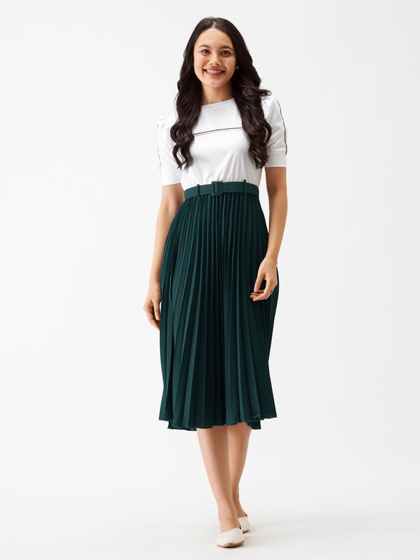 Blocked Crepe Fit  Flare Midi Dress
