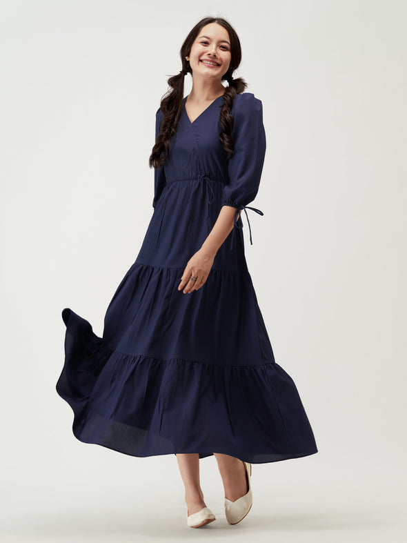 Puff Sleeves Tie-Up Detail Tiered Maxi A-Line Dress