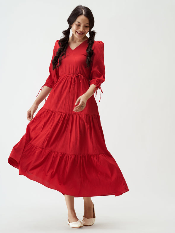 Puff Sleeves Tie-Up Detail Tiered Maxi A-Line Dress