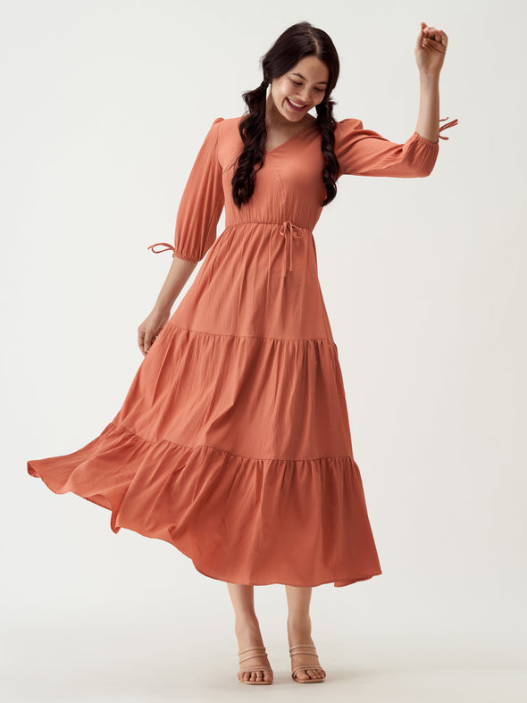 Puff Sleeves Tie-Up Detail Tiered Maxi A-Line Dress