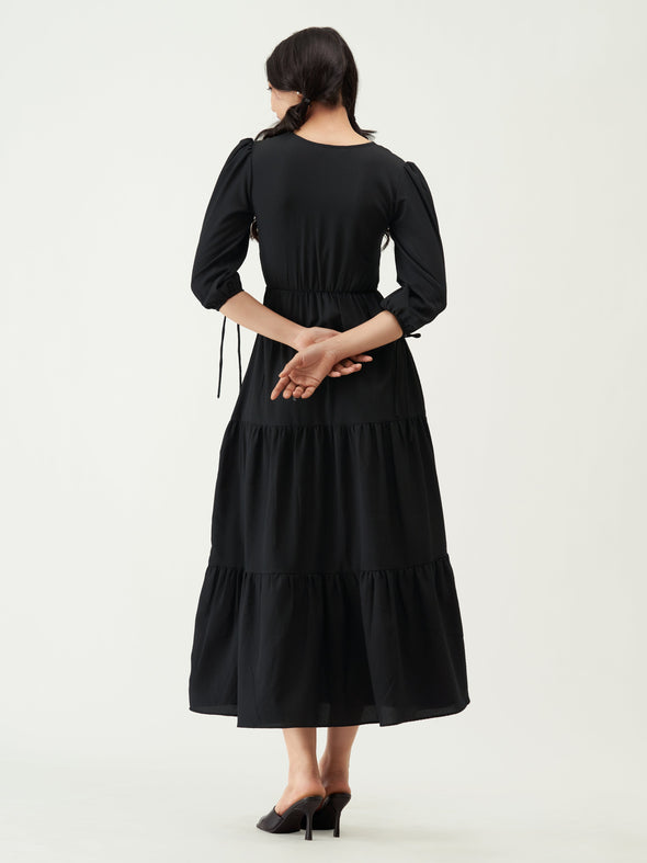 Puff Sleeves Tie-Up Detail Tiered Maxi A-Line Dress