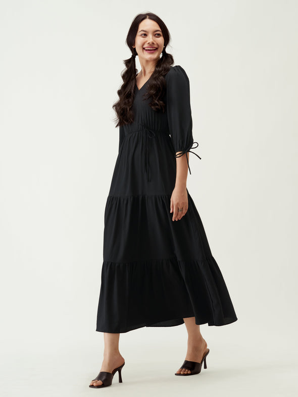 Puff Sleeves Tie-Up Detail Tiered Maxi A-Line Dress