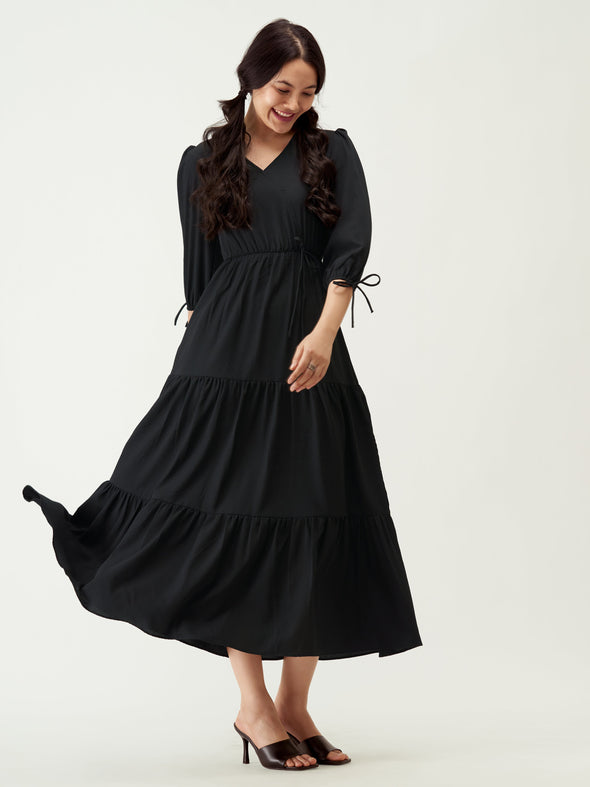 Puff Sleeves Tie-Up Detail Tiered Maxi A-Line Dress