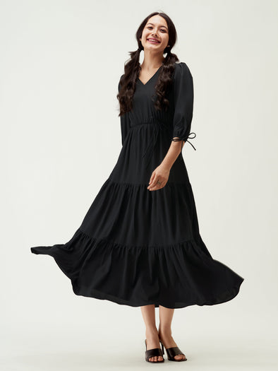 Puff Sleeves Tie-Up Detail Tiered Maxi A-Line Dress