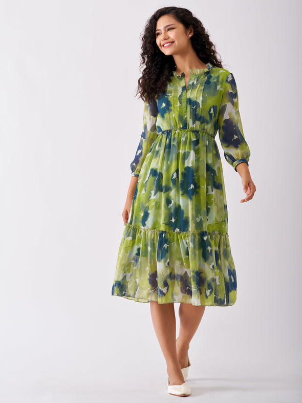 Puff Sleeves Gathered or Pleated Tiered Fit  Flare Dress