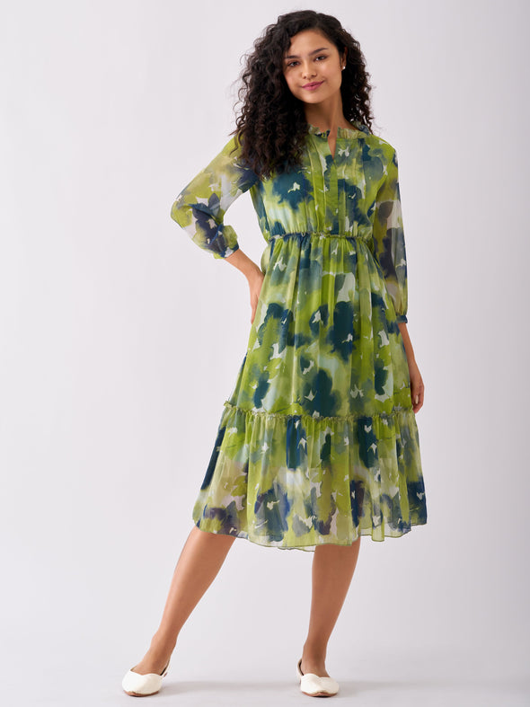 Puff Sleeves Gathered or Pleated Tiered Fit  Flare Dress