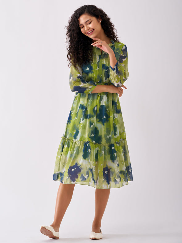 Puff Sleeves Gathered or Pleated Tiered Fit  Flare Dress