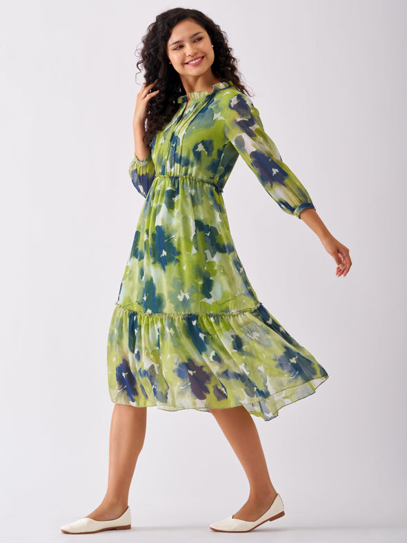Puff Sleeves Gathered or Pleated Tiered Fit  Flare Dress