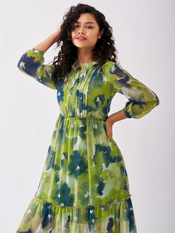 Puff Sleeves Gathered or Pleated Tiered Fit  Flare Dress