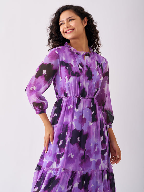 Puff Sleeves Gathered or Pleated Tiered Fit  Flare Dress
