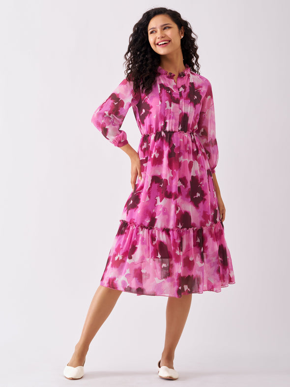 Puff Sleeves Gathered or Pleated Tiered Fit  Flare Dress