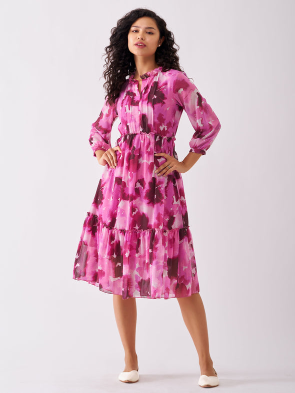 Puff Sleeves Gathered or Pleated Tiered Fit  Flare Dress