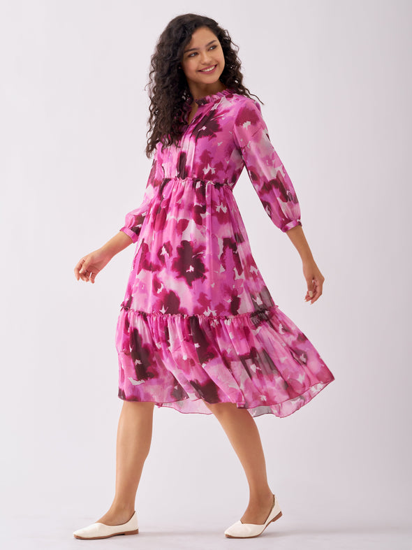 Puff Sleeves Gathered or Pleated Tiered Fit  Flare Dress