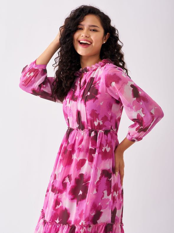 Puff Sleeves Gathered or Pleated Tiered Fit  Flare Dress