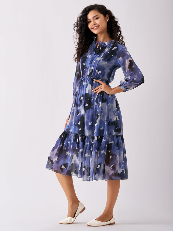 Puff Sleeves Gathered or Pleated Tiered Fit  Flare Dress