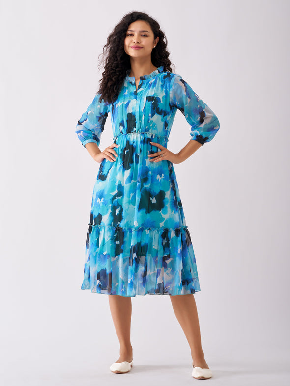 Puff Sleeves Gathered or Pleated Tiered Fit  Flare Dress