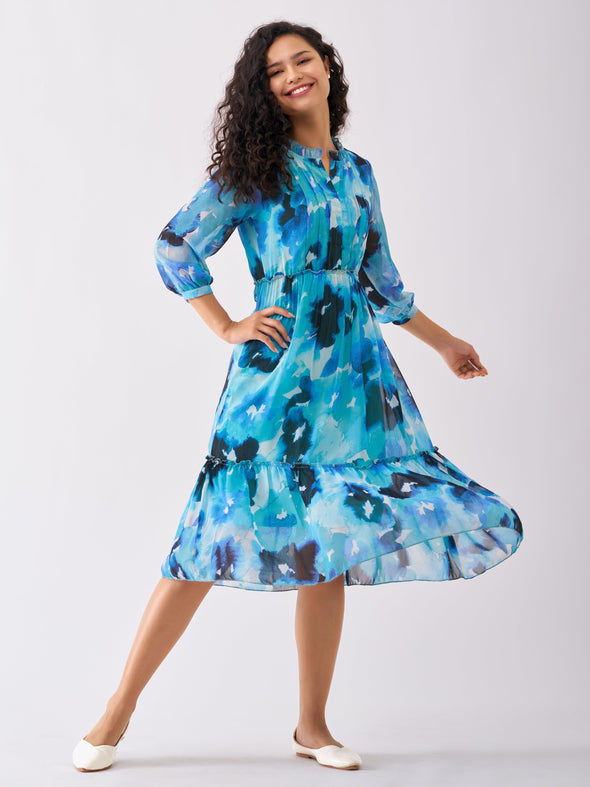 Puff Sleeves Gathered or Pleated Tiered Fit  Flare Dress