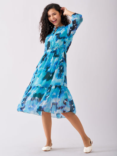 Puff Sleeves Gathered or Pleated Tiered Fit  Flare Dress
