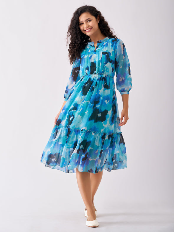 Puff Sleeves Gathered or Pleated Tiered Fit  Flare Dress