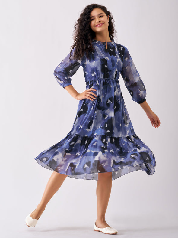 Puff Sleeves Gathered or Pleated Tiered Fit  Flare Dress